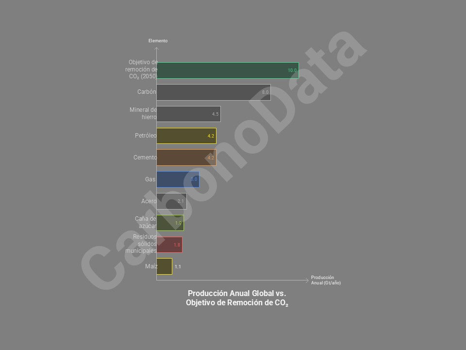 Objetivo de remoción de CO₂ para el año 2050 frente a producción actual de bienes